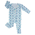 Baby convertible romper, white with blue crab & palm print, long sleeves and snap front