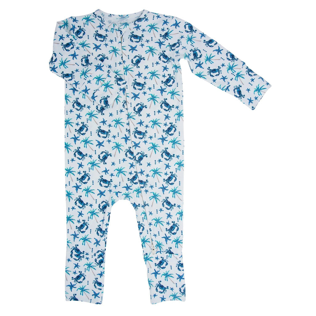 Baby convertible romper, white with blue crab & palm print, long sleeves, full-length legs