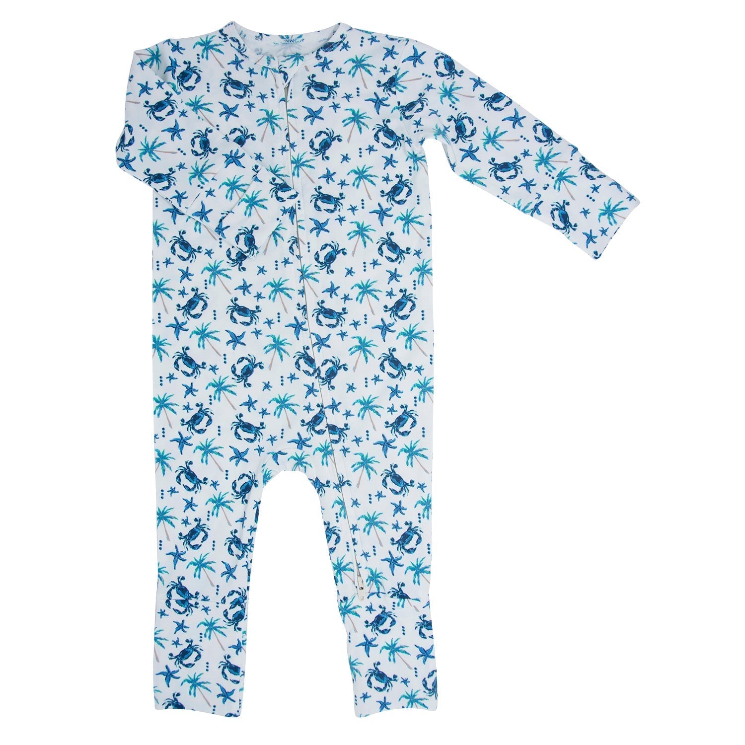 Baby convertible romper, white with blue crab & palm print, long sleeves, full-length legs