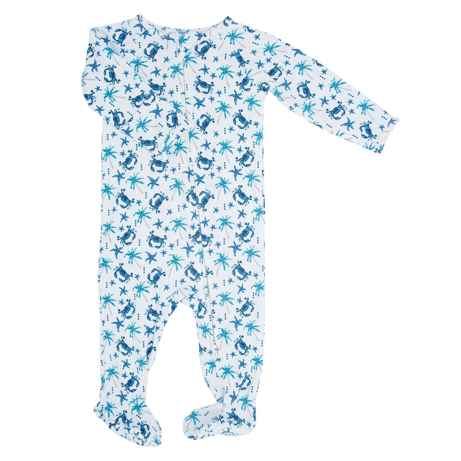 Crab-print zip-front footie pajama for boys, long sleeves, light blue
