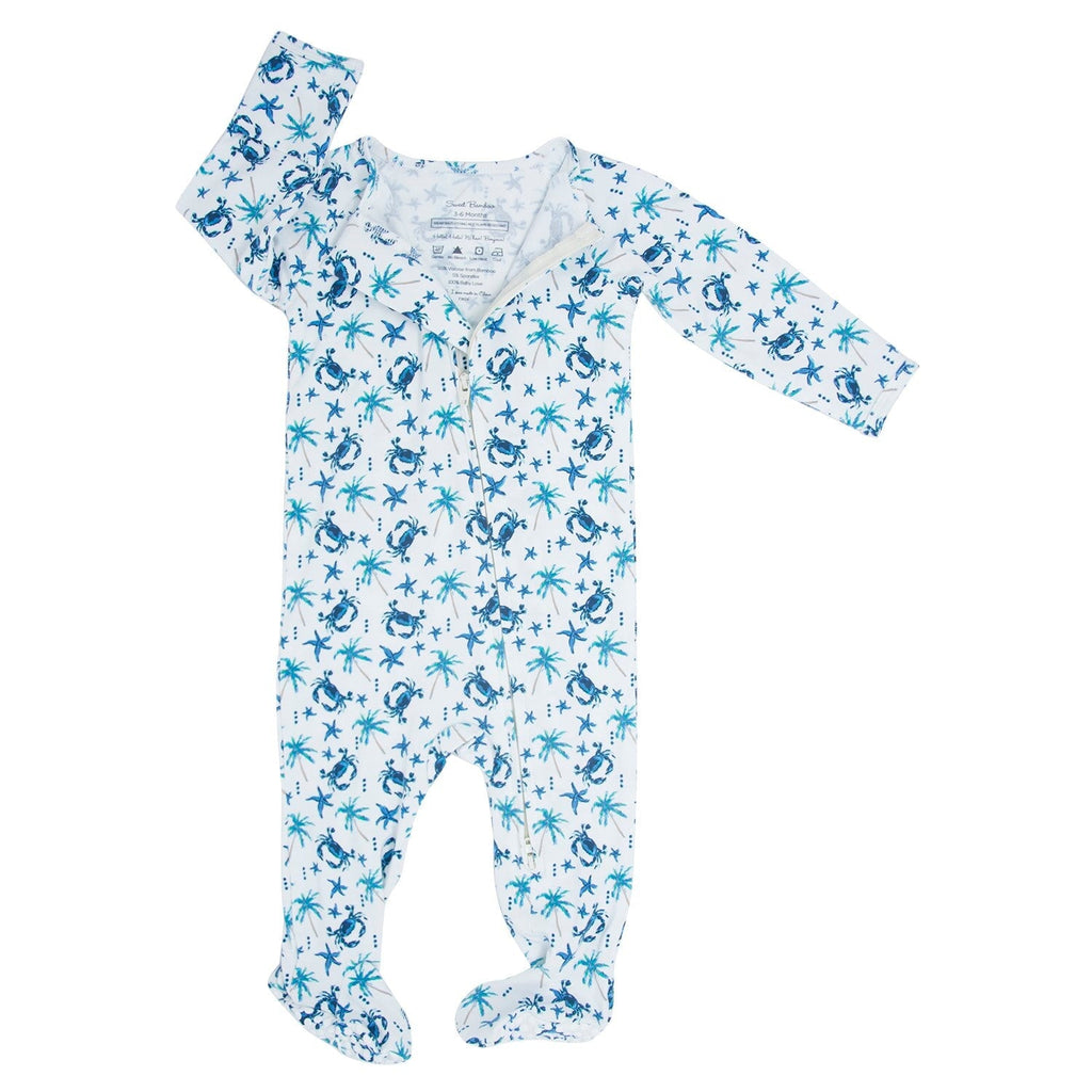 Crab-print zip-front footie for boys, long sleeves, light blue, V-neck zipper