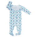 Crab-print zip-front footie for boys, long sleeves, light blue, V-neck zipper