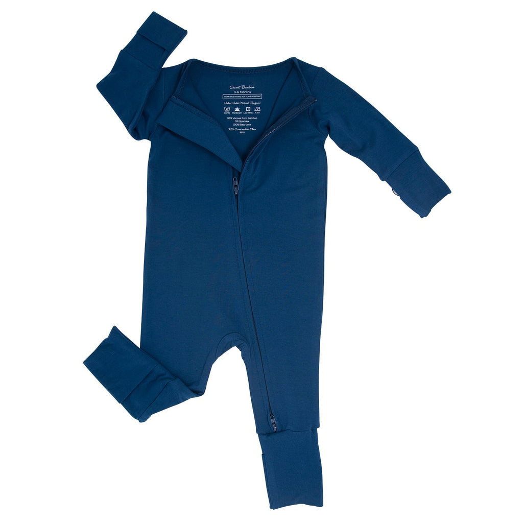 Dark blue convertible romper, flat lay: full zipper, long sleeves, cuffed legs