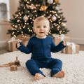 Dark blue convertible romper with full front zipper and long sleeves