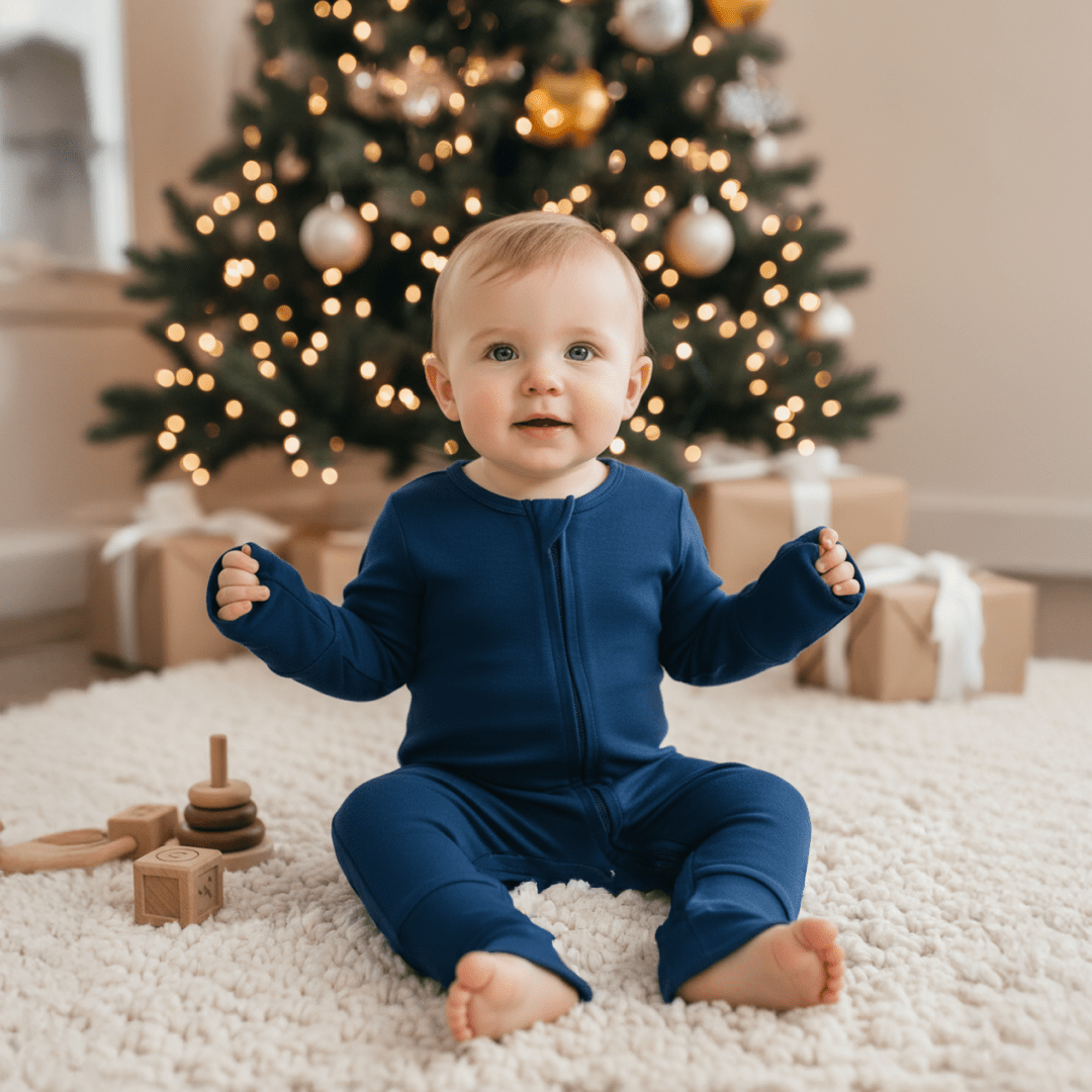 Dark blue convertible romper with full front zipper and long sleeves