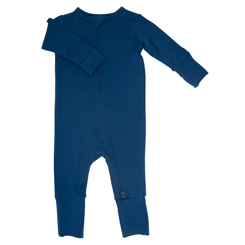Dark blue convertible romper with long sleeves and ankle cuffs, zipper front