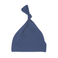 Blue knit knot beanie hat with gathered top knot