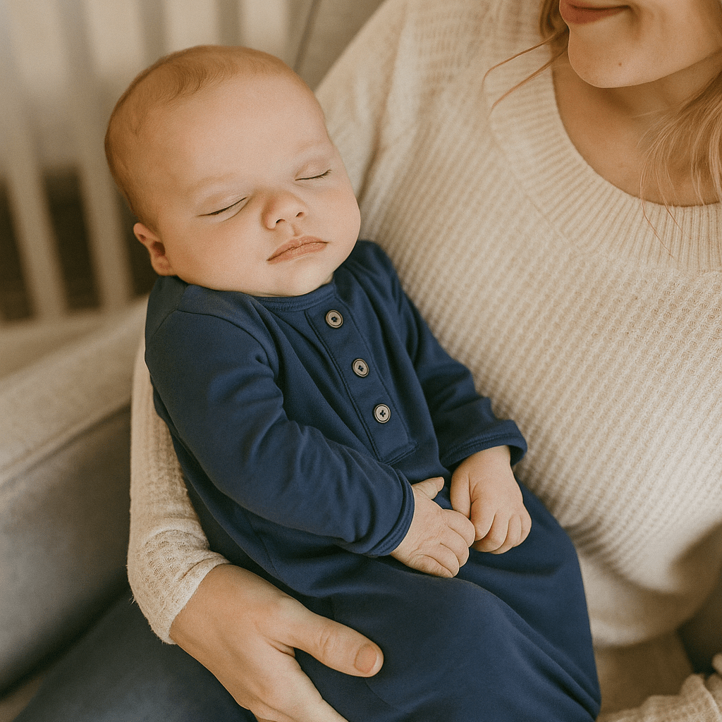 Knotted baby gown in dark blue with long sleeves and button placket
