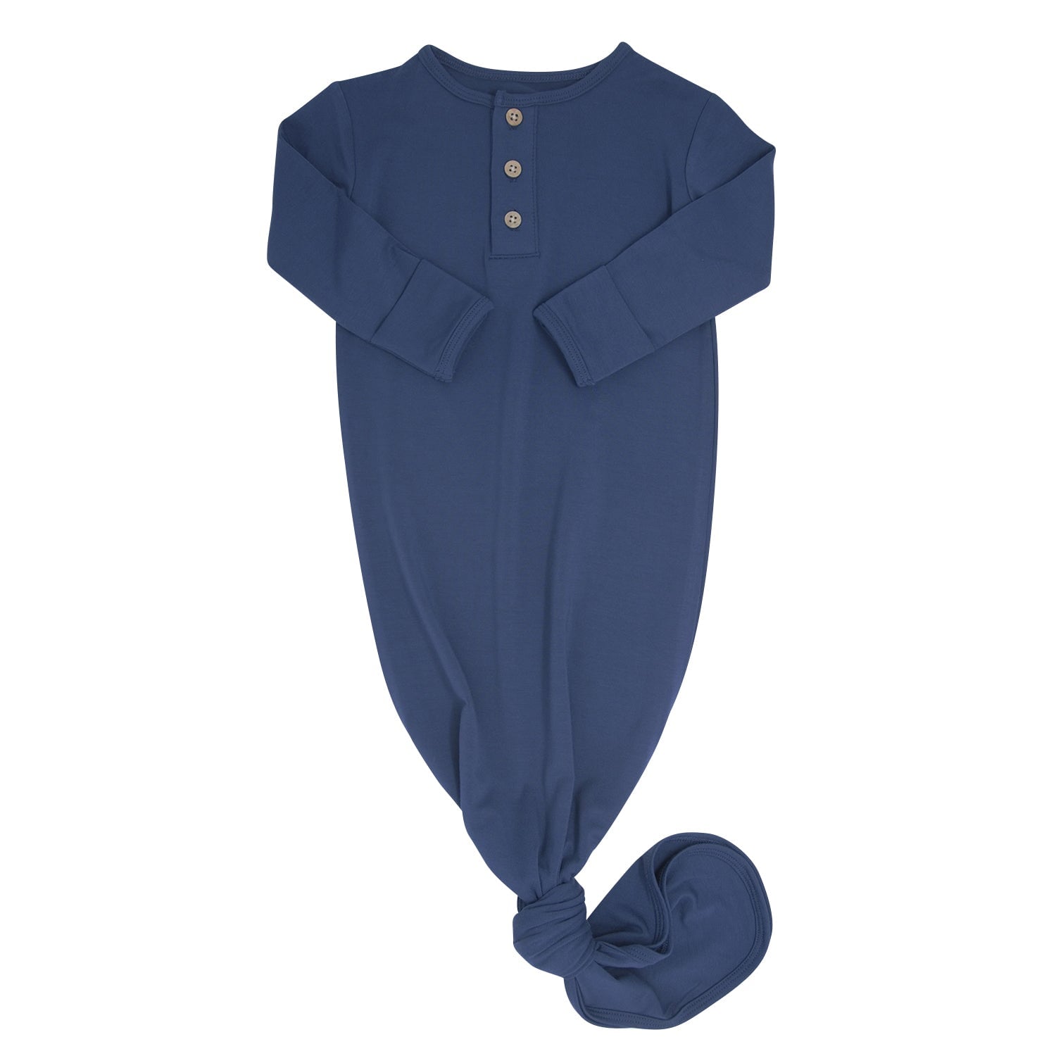 Knotted long-sleeve baby gown in navy blue with button front and tied foot