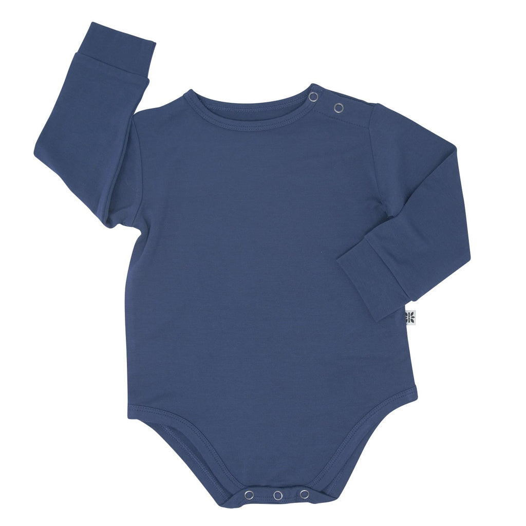 Blue long sleeve bodysuit with snap closure at leg openings