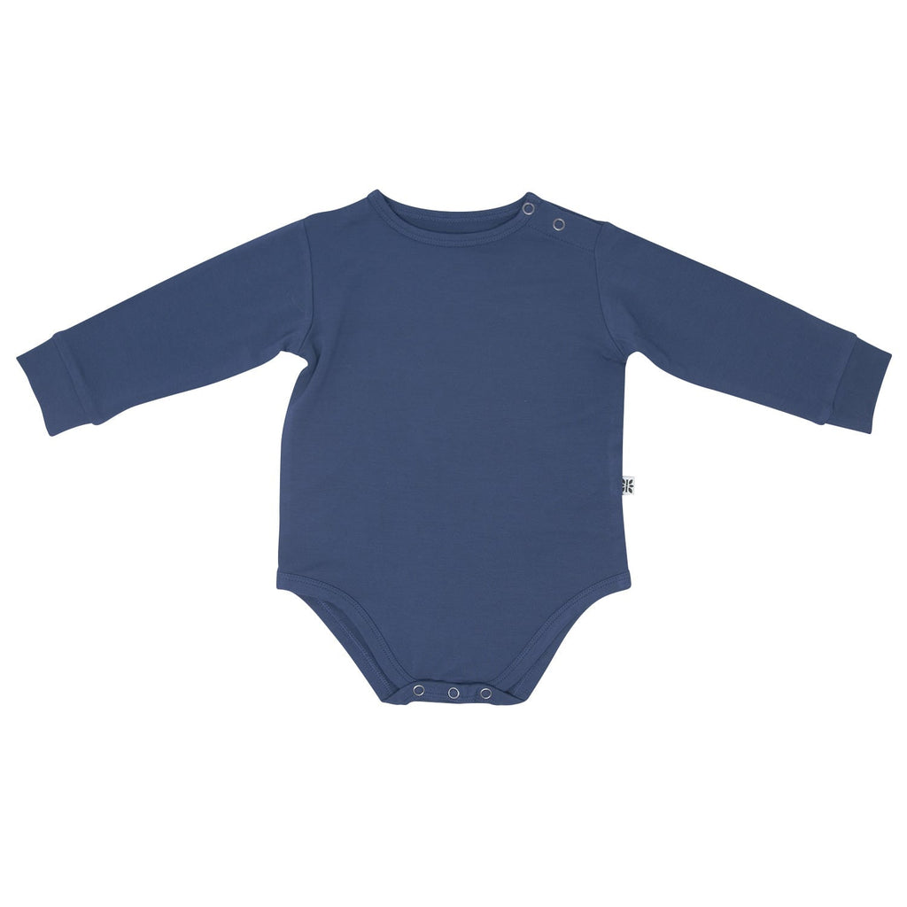 Blue long sleeve bodysuit with two snap buttons at neck and leg opening