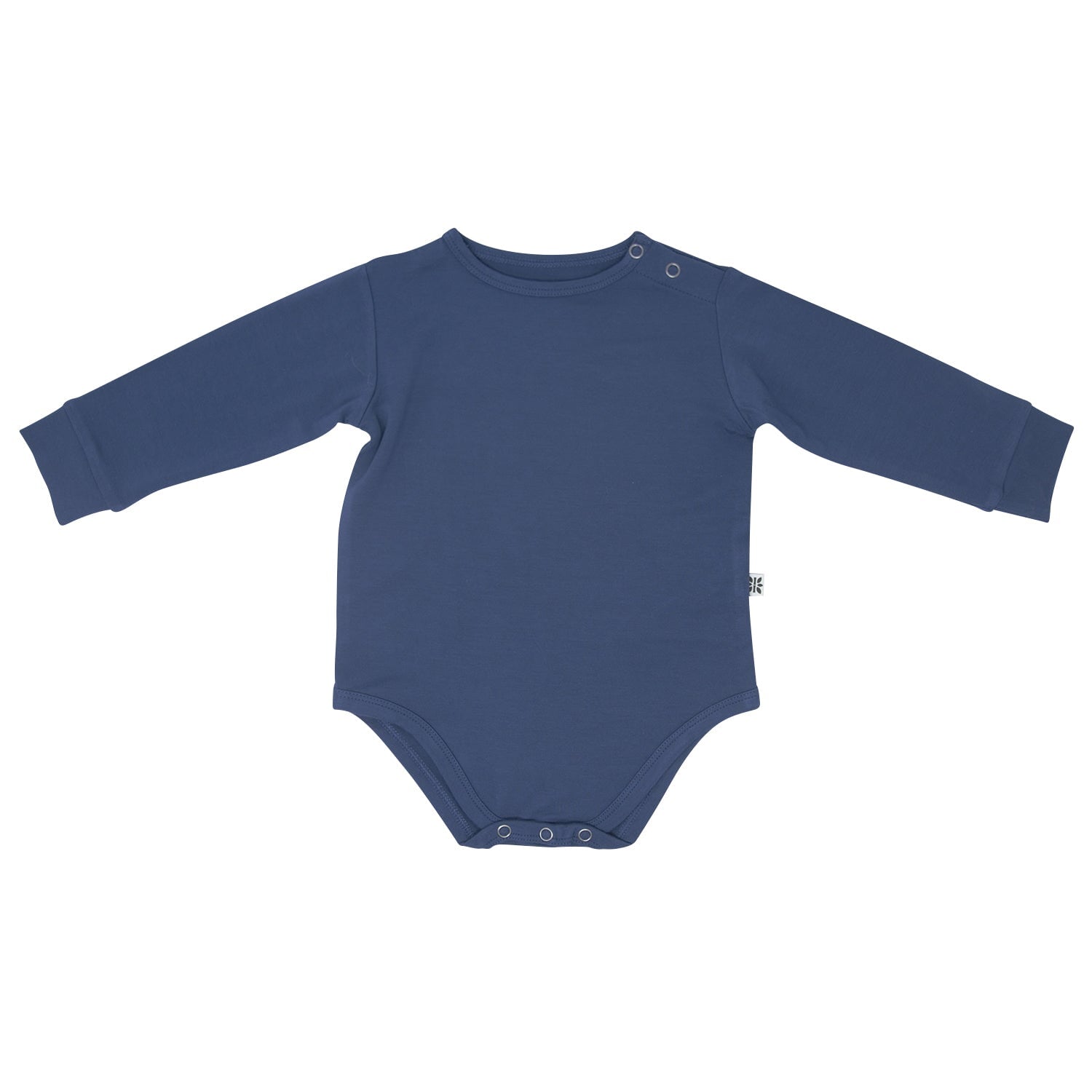 Blue long sleeve bodysuit with two snap buttons at neck and leg opening