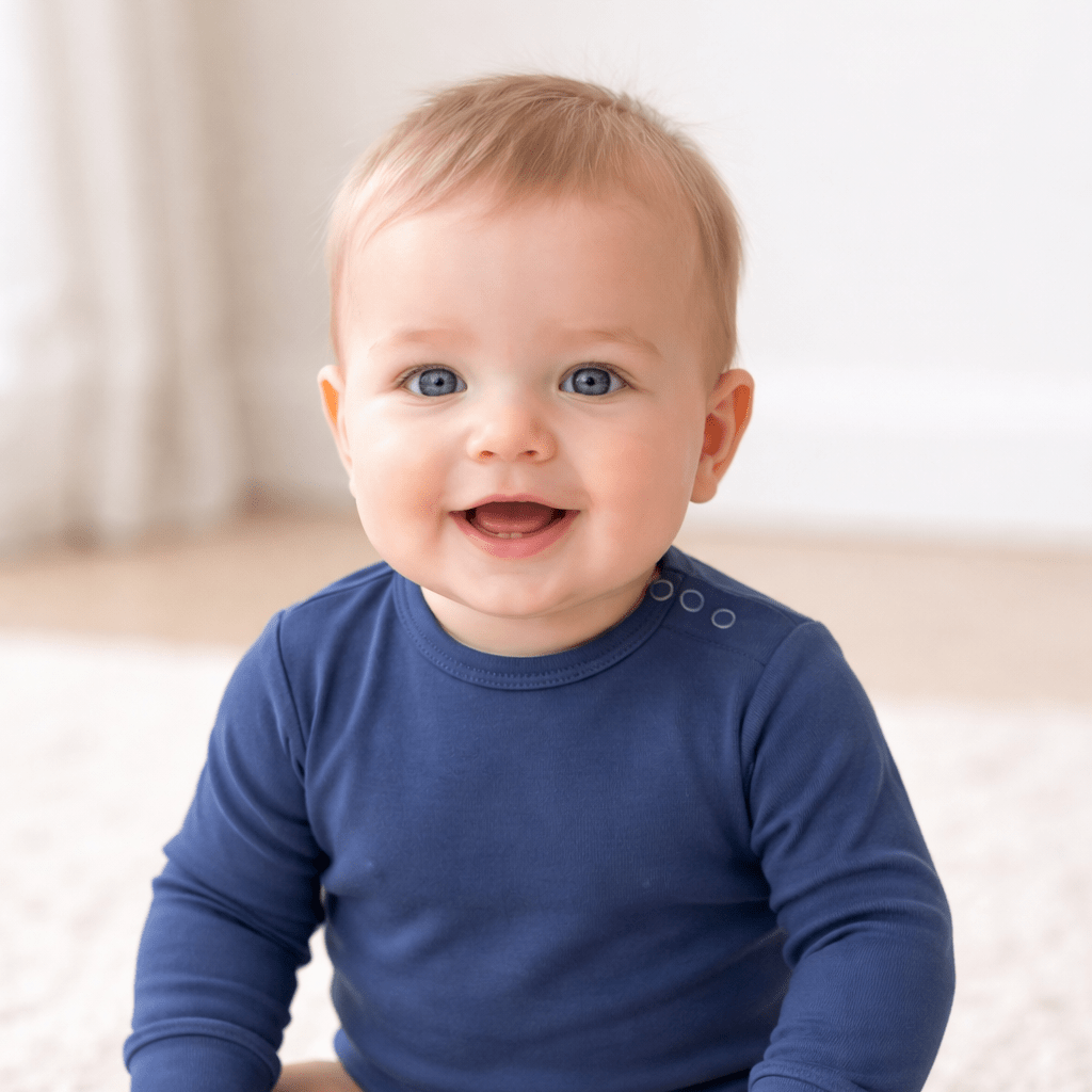 Blue long sleeve baby bodysuit with round neck and snap leg fasteners