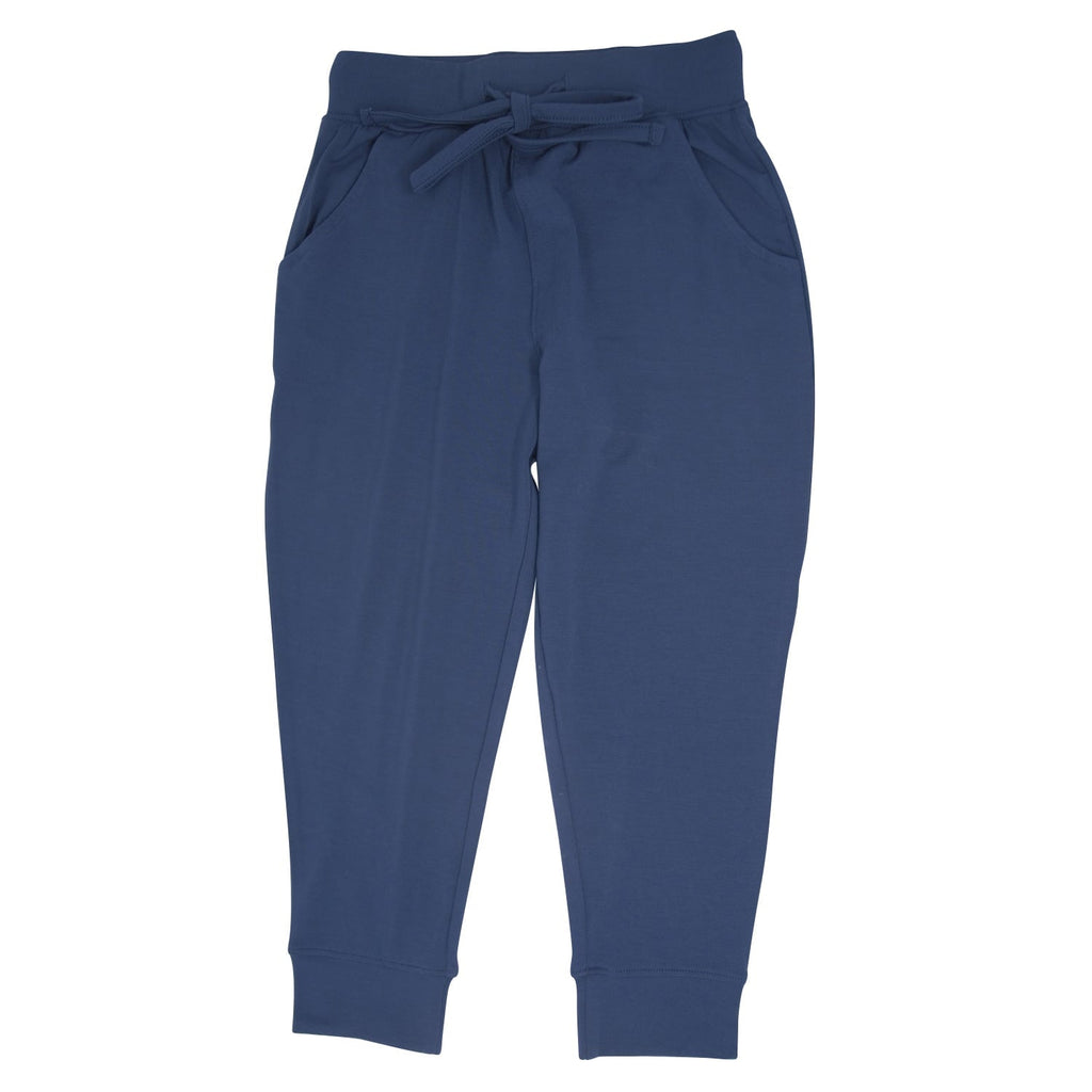 Blue jogger-style slacker pants with drawstring, elastic waistband, and tapered cuffs