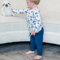 Kids navy jogger pants with elastic waistband and drawstring, cuffed ankles