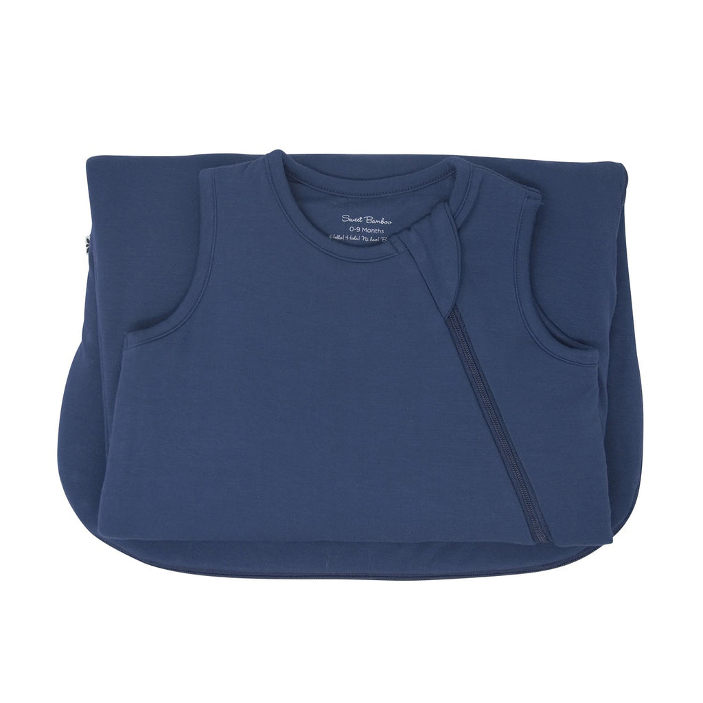 Navy blue infant sleep sack front with diagonal zipper and neck binding