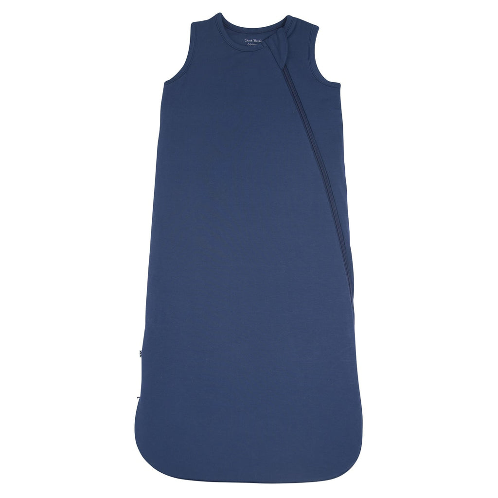 Navy blue sleeveless infant sleep sack with diagonal zipper