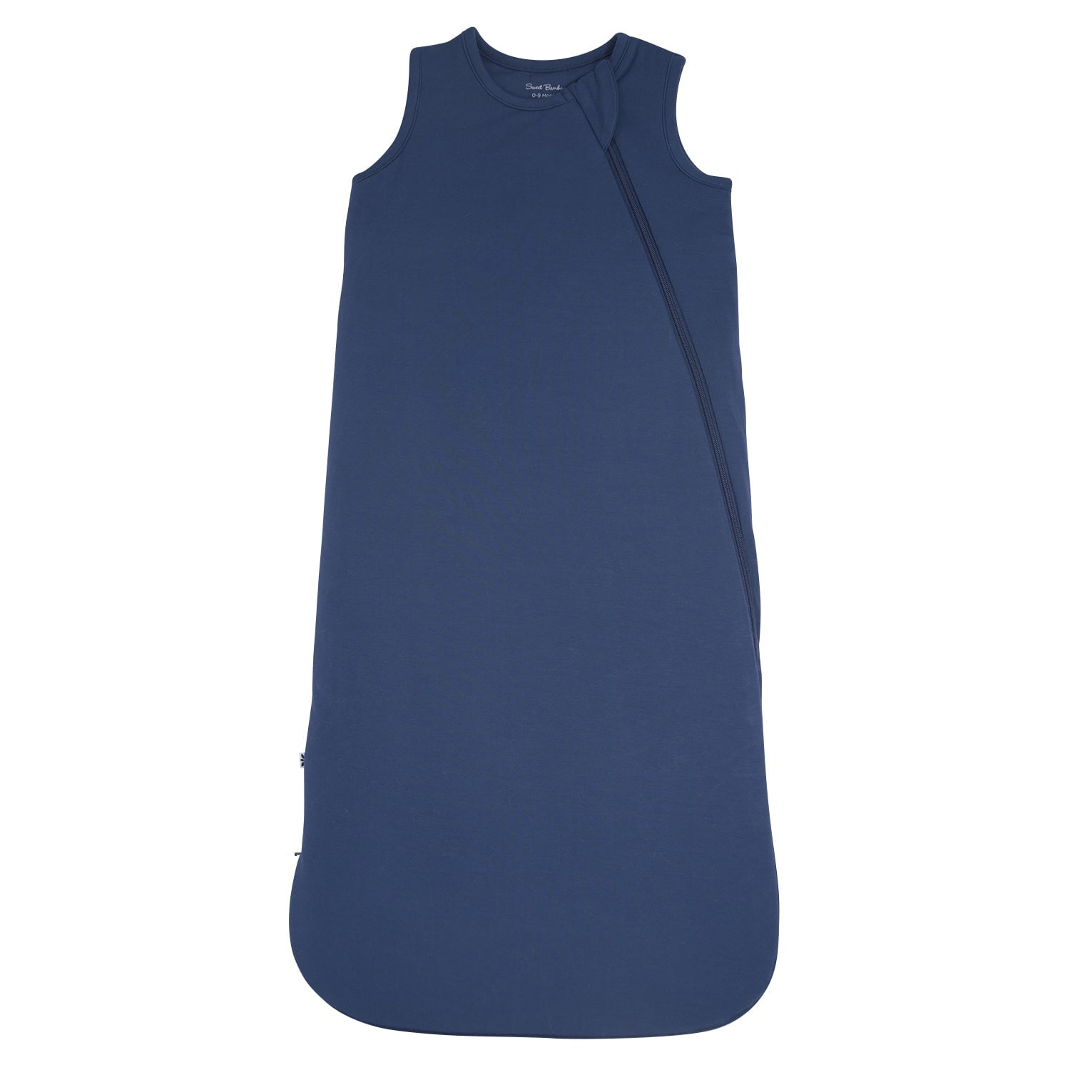 Navy blue sleeveless infant sleep sack with diagonal zipper
