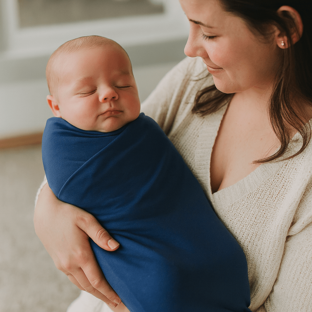 Blue swaddle blanket wrapped around a baby’s body, with soft fabric drape