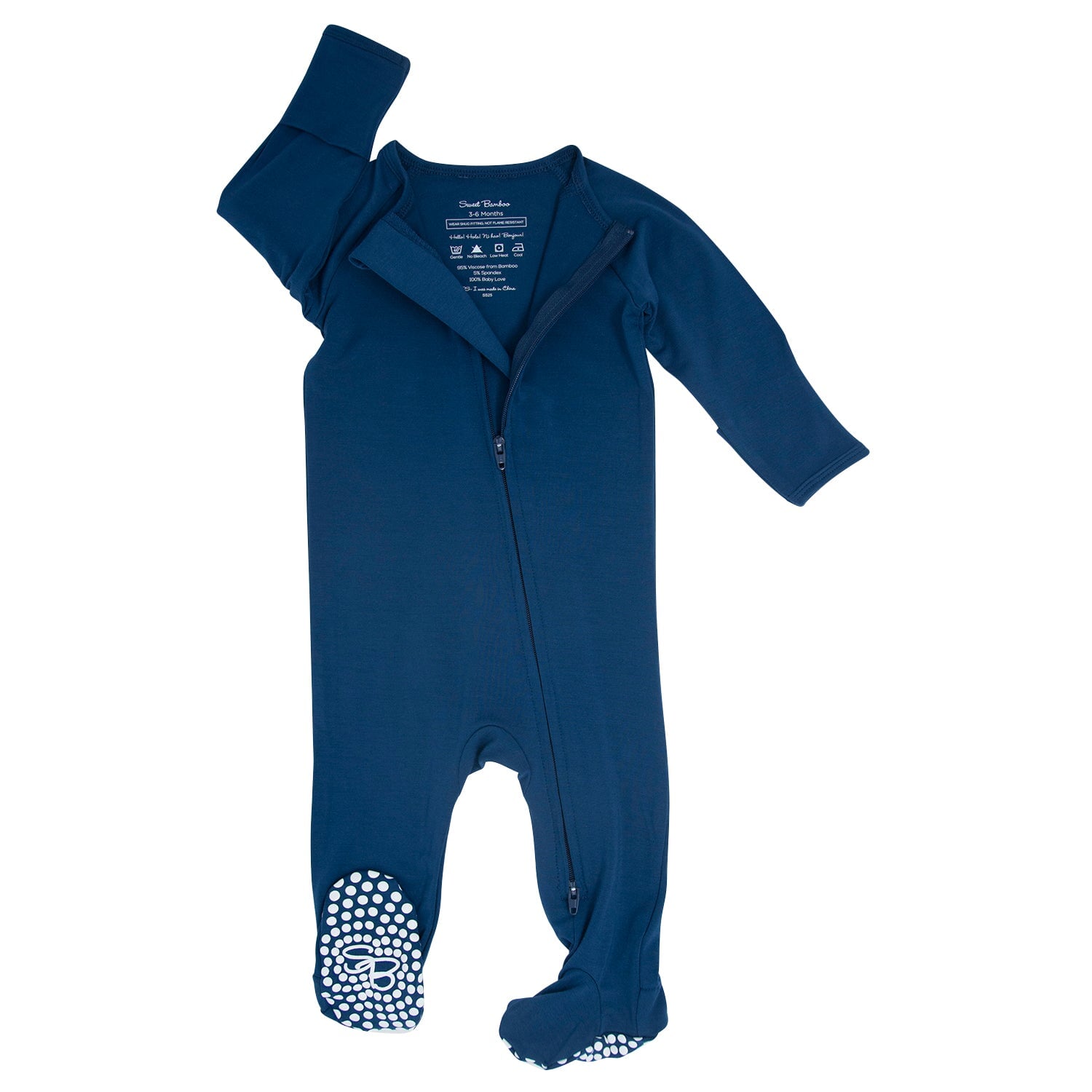 Dark blue baby footie with long sleeves, front zipper, and printed toe cuffs