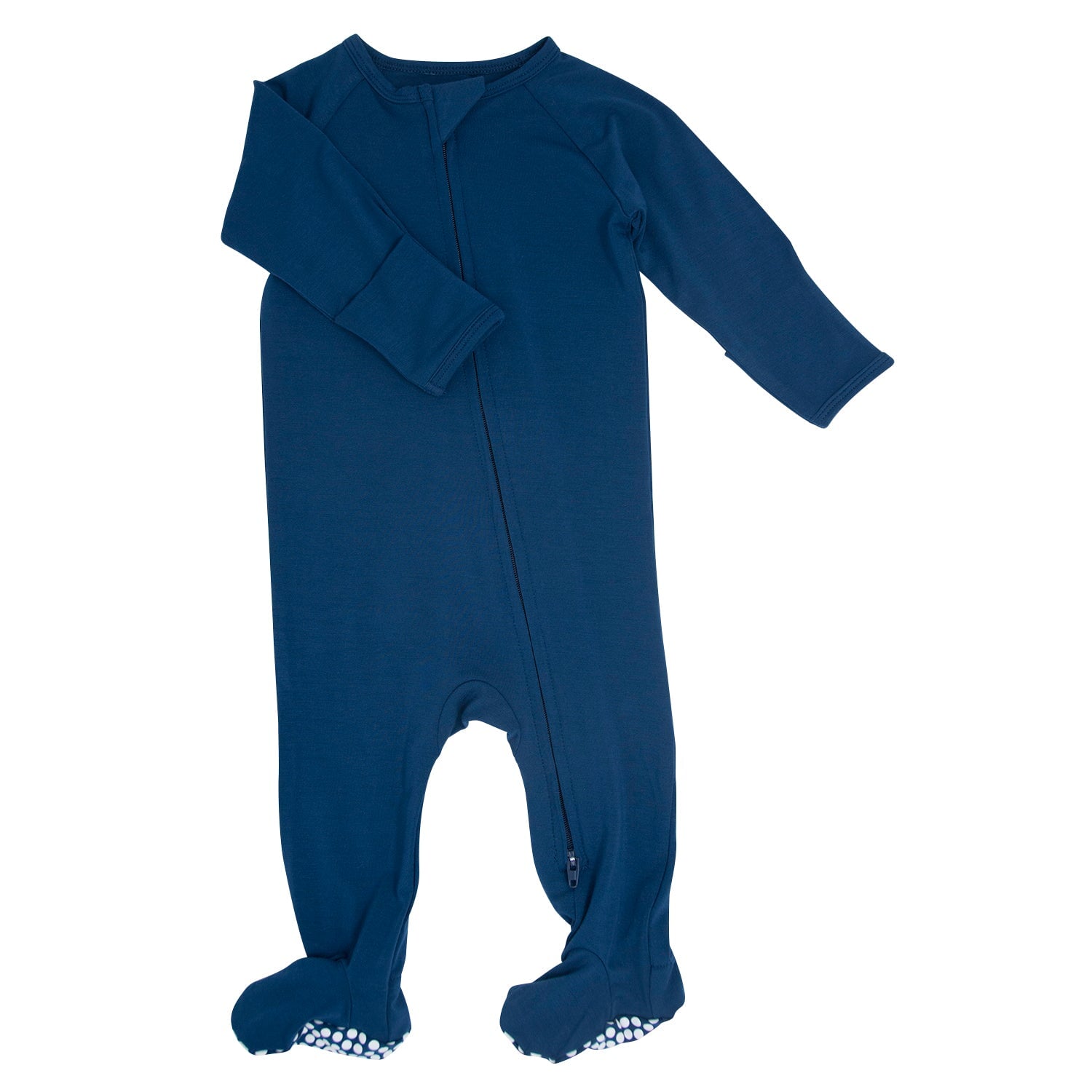 Dark blue baby zipper footie with long sleeves and printed ankle cuffs