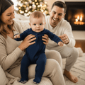 Dark blue baby zipper footie with long sleeves and full-length front zipper