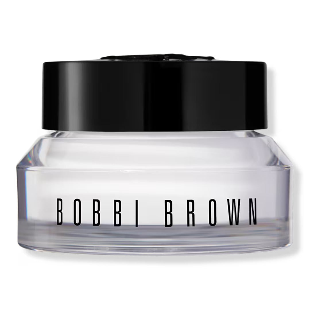 Bobbi Brown hydrating eye cream jar with black lid and clear glass body