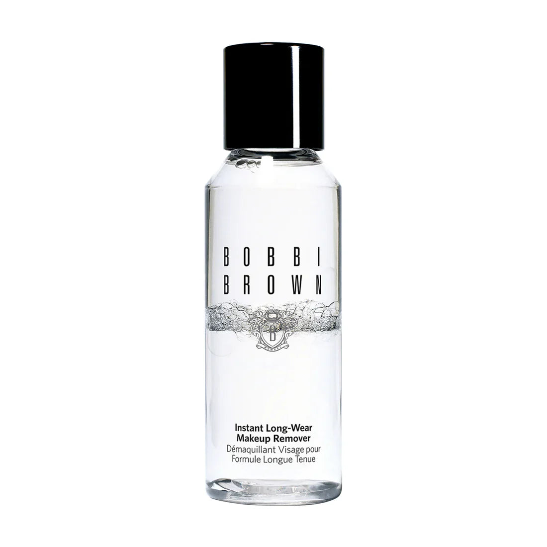 Bobbi Brown makeup remover bottle with black cap, clear liquid, label text