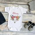 White baby bodysuit with Olivia script and floral bouquet graphic