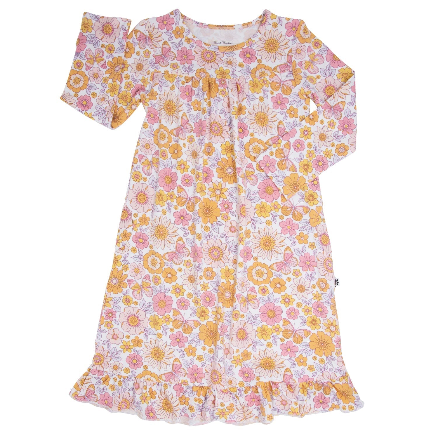 Girls floral boho dress with short sleeves, round neckline, and ruffle hem