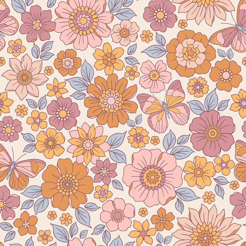 Floral fabric pattern for boho dress in pastel orange, pink, yellow, and blue