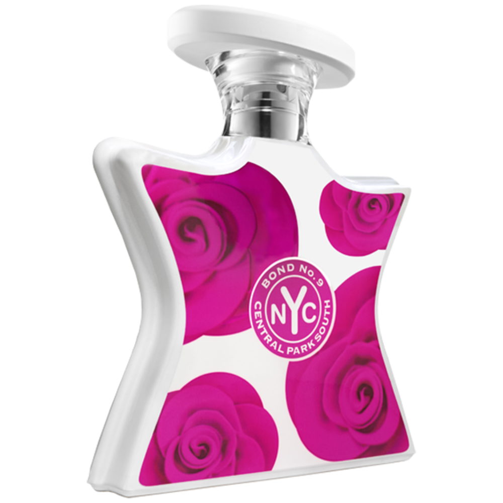 Perfume spray bottle with rounded cap, white base and magenta floral design panel.
