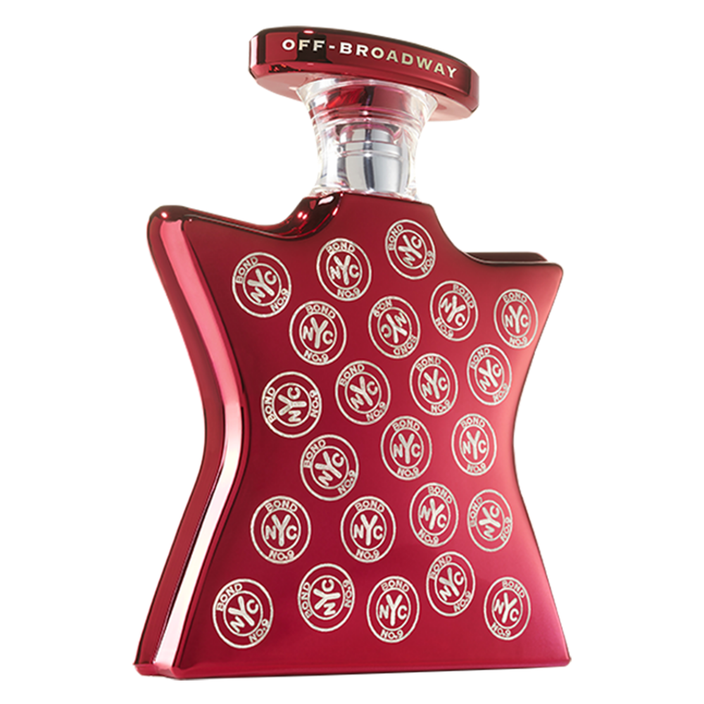 Maroon perfume bottle with metal cap and NYC emblem pattern