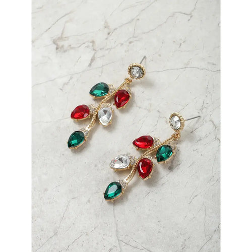Gold-tone dangle earrings with red, green, and clear oval crystal drops