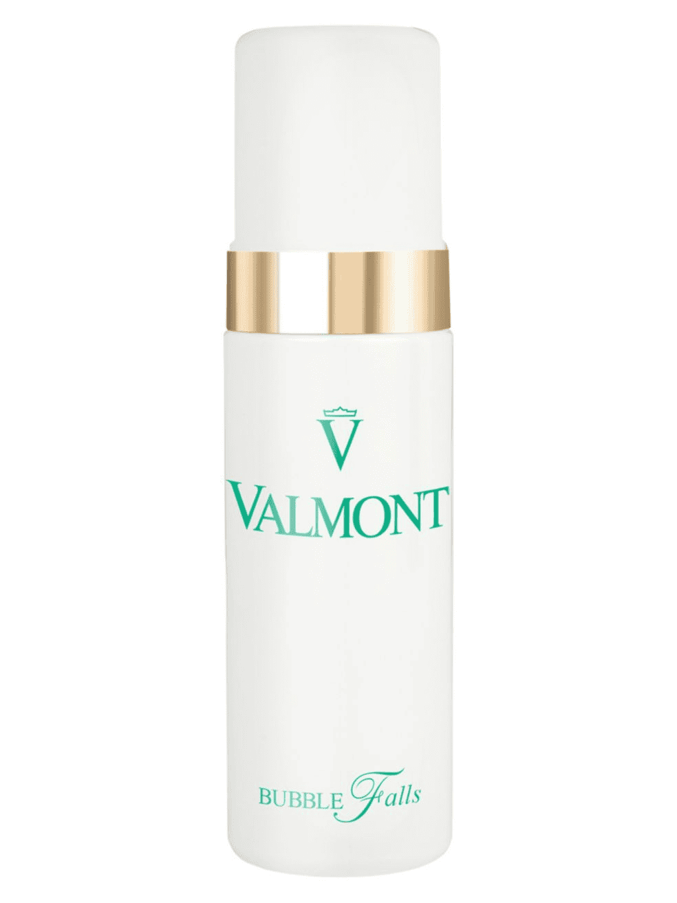 Cosmetic lotion bottle with white tube, gold collar, and VALMONT Bubble Falls label
