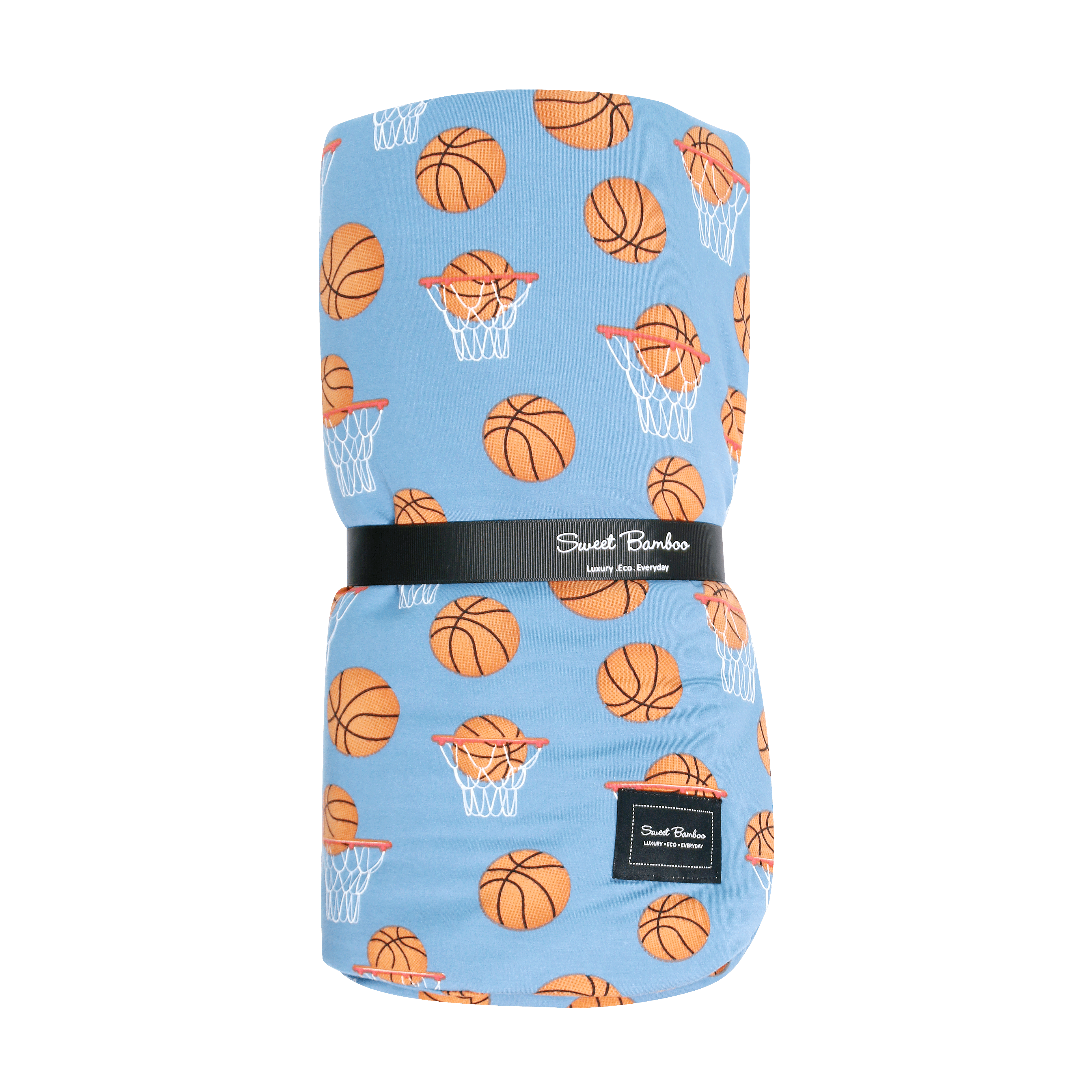 Big kid cloud blanket with orange basketballs and white hoops on blue