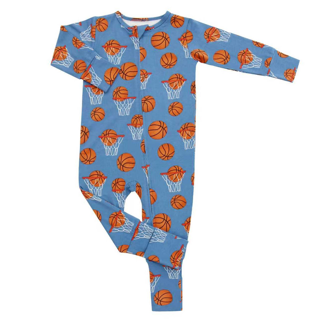 Blue basketball-print convertible romper with long sleeves and button front