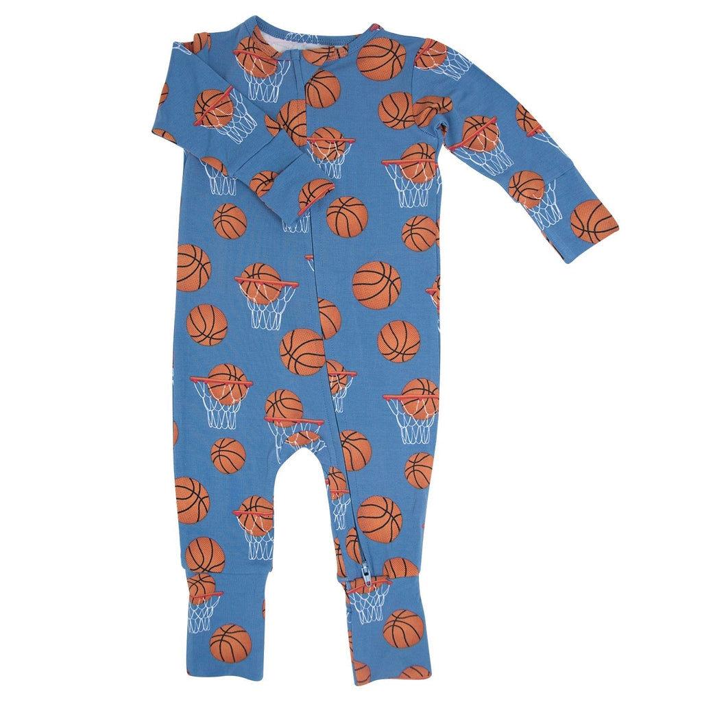Blue basketball-print convertible romper with long sleeves and ankle cuffs