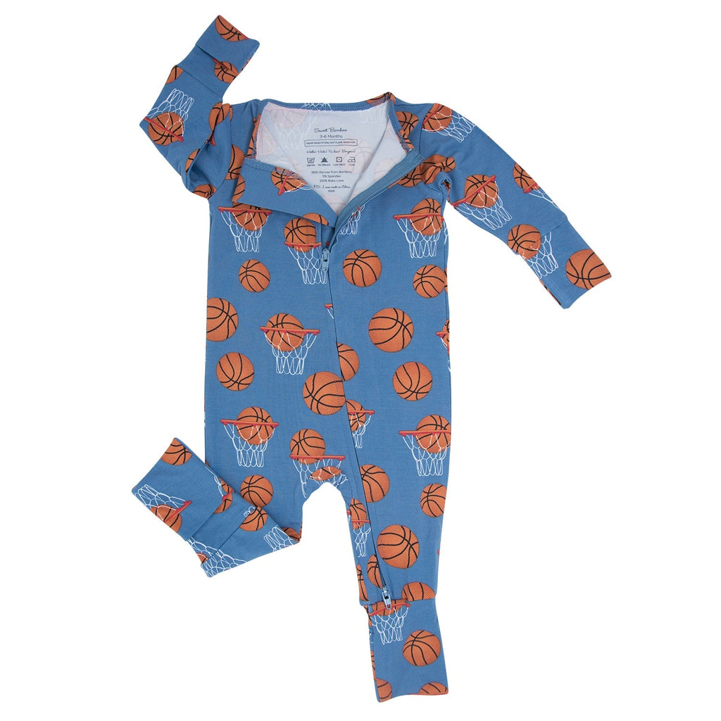 Blue basketball-print convertible romper with V-neck and button front