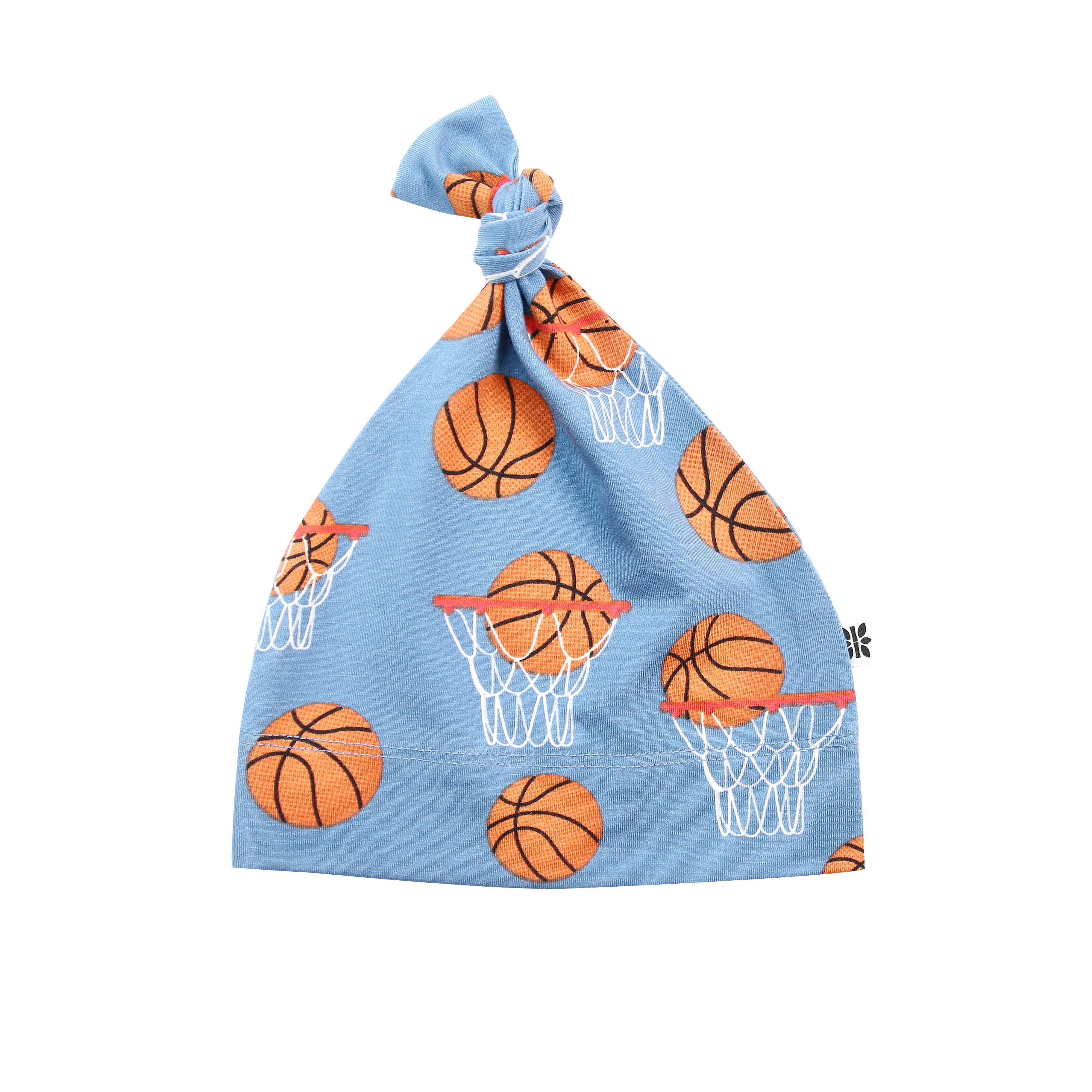 Light blue knot bucket hat with orange basketballs and white hoop nets