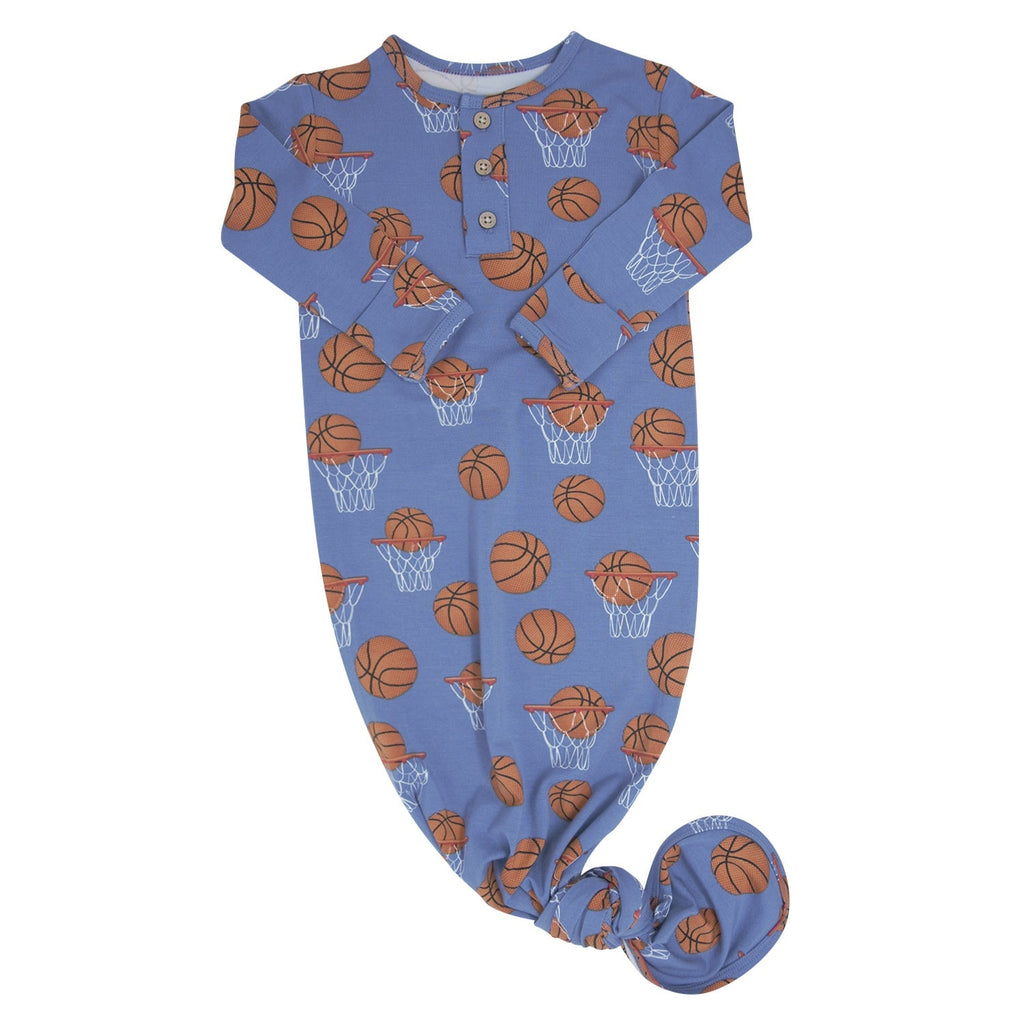 Blue baby basketball gown romper with long sleeves, henley buttons, allover hoop print