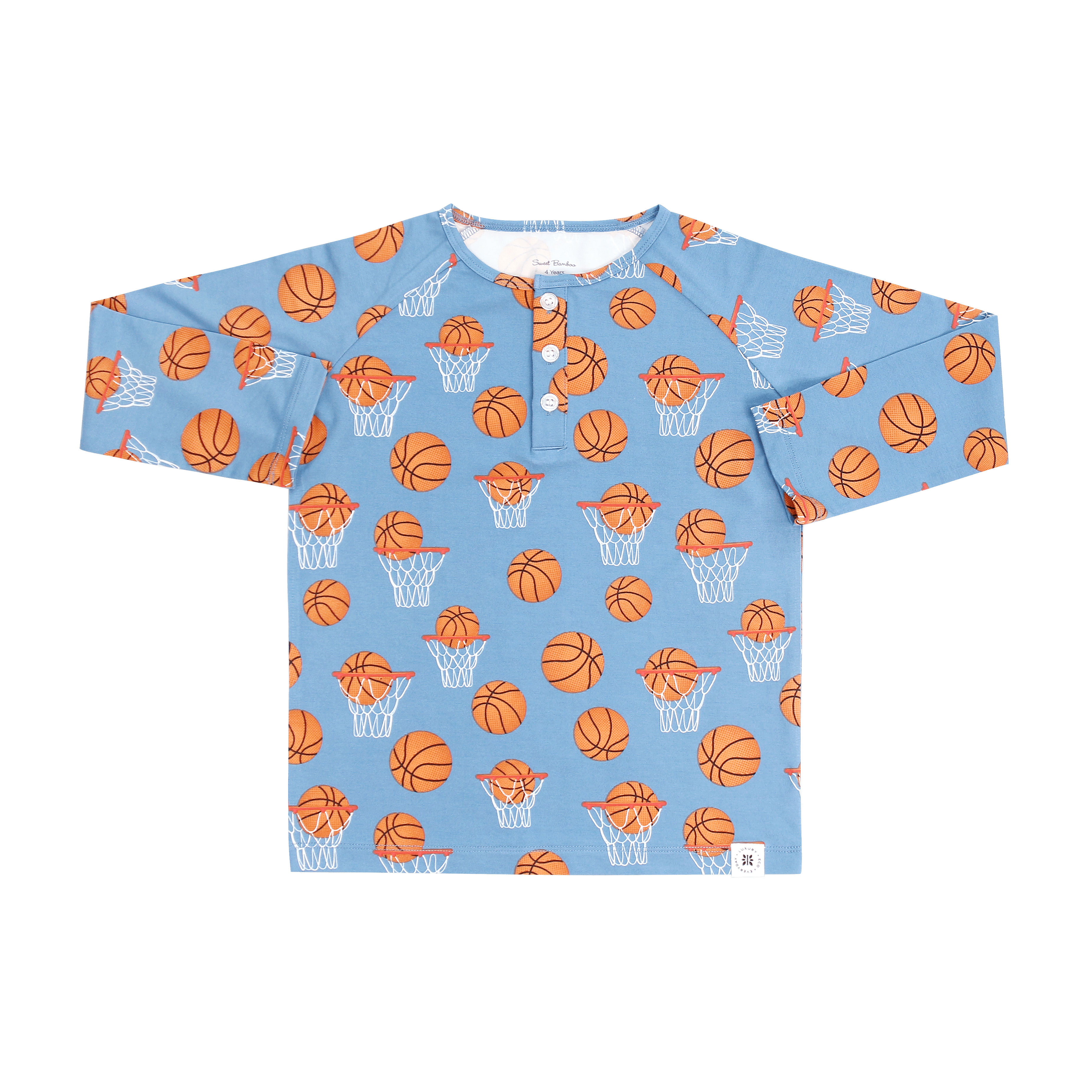Light blue boys raglan henley with orange basketball and hoop pattern, button placket