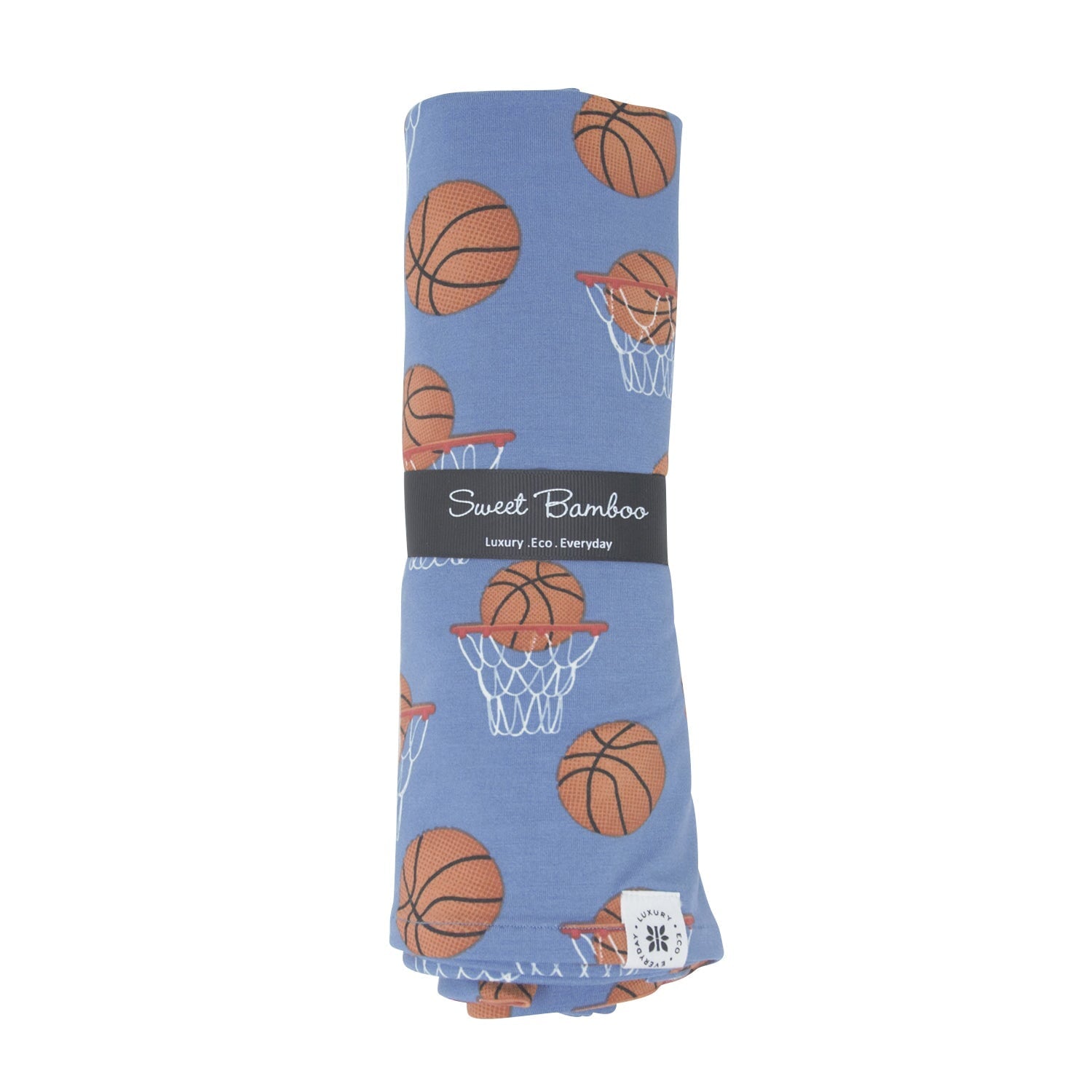 Blue swaddle blanket with basketball and hoop print, Sweet Bamboo label on fold.