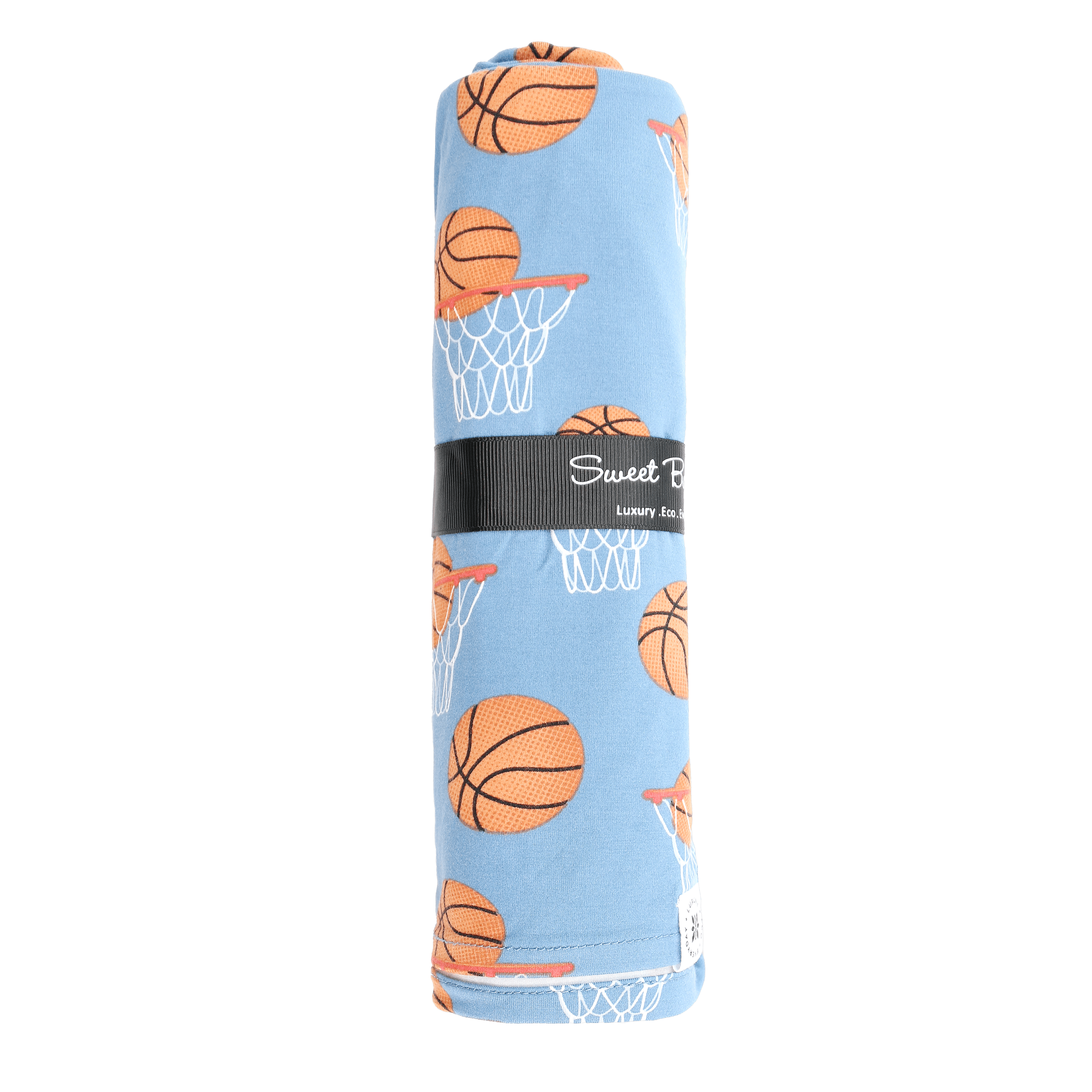 Light blue swaddle blanket roll with basketball and hoop print, black band.