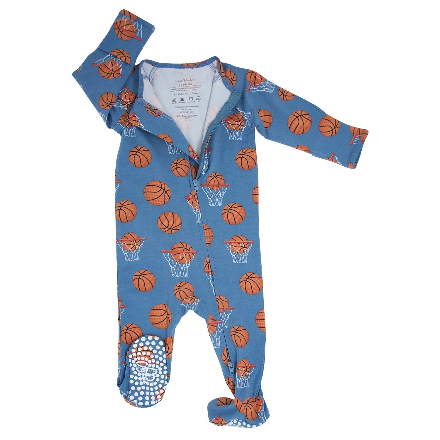 Blue basketball-print zip-up footie with full-length front zipper and footed cuffs