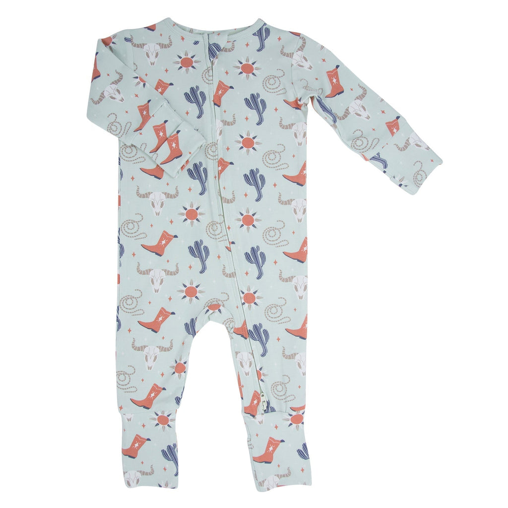 Baby western romper, light blue print of boots, cacti, and suns; footed legs