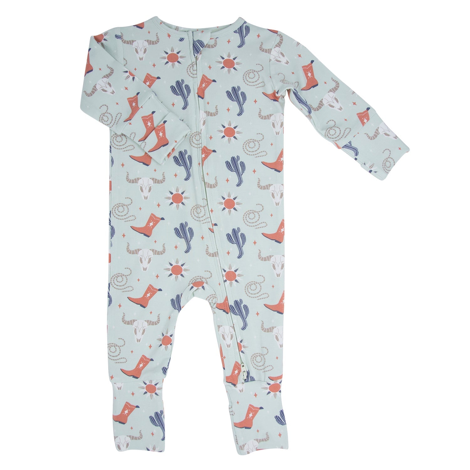 Baby western romper, light blue print of boots, cacti, and suns; footed legs