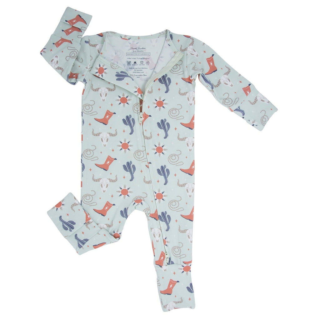 Baby western romper, light blue print of boots, cacti, and suns; long sleeves