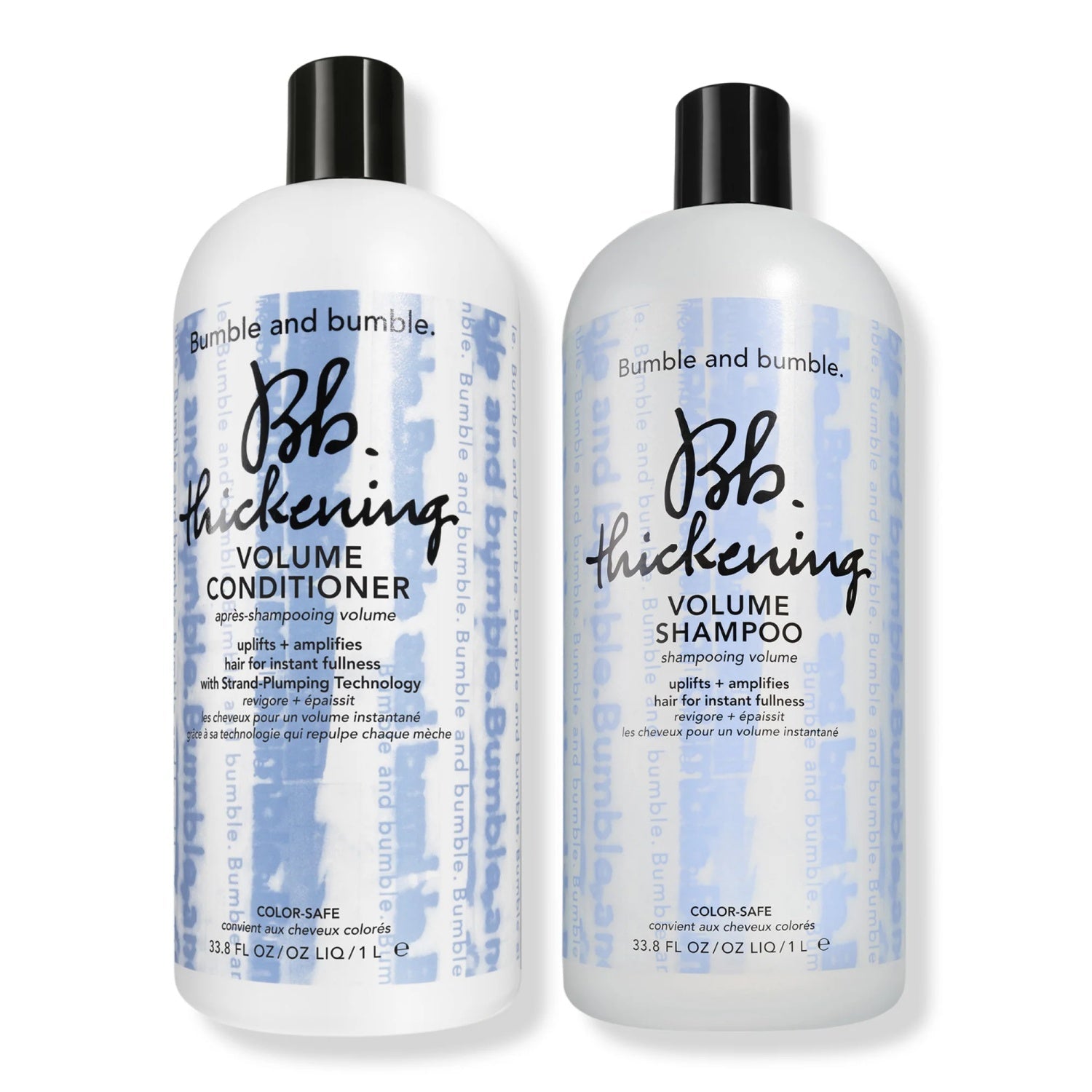 Bumble and bumble thickening volume duo, two front-labeled white bottles with black caps