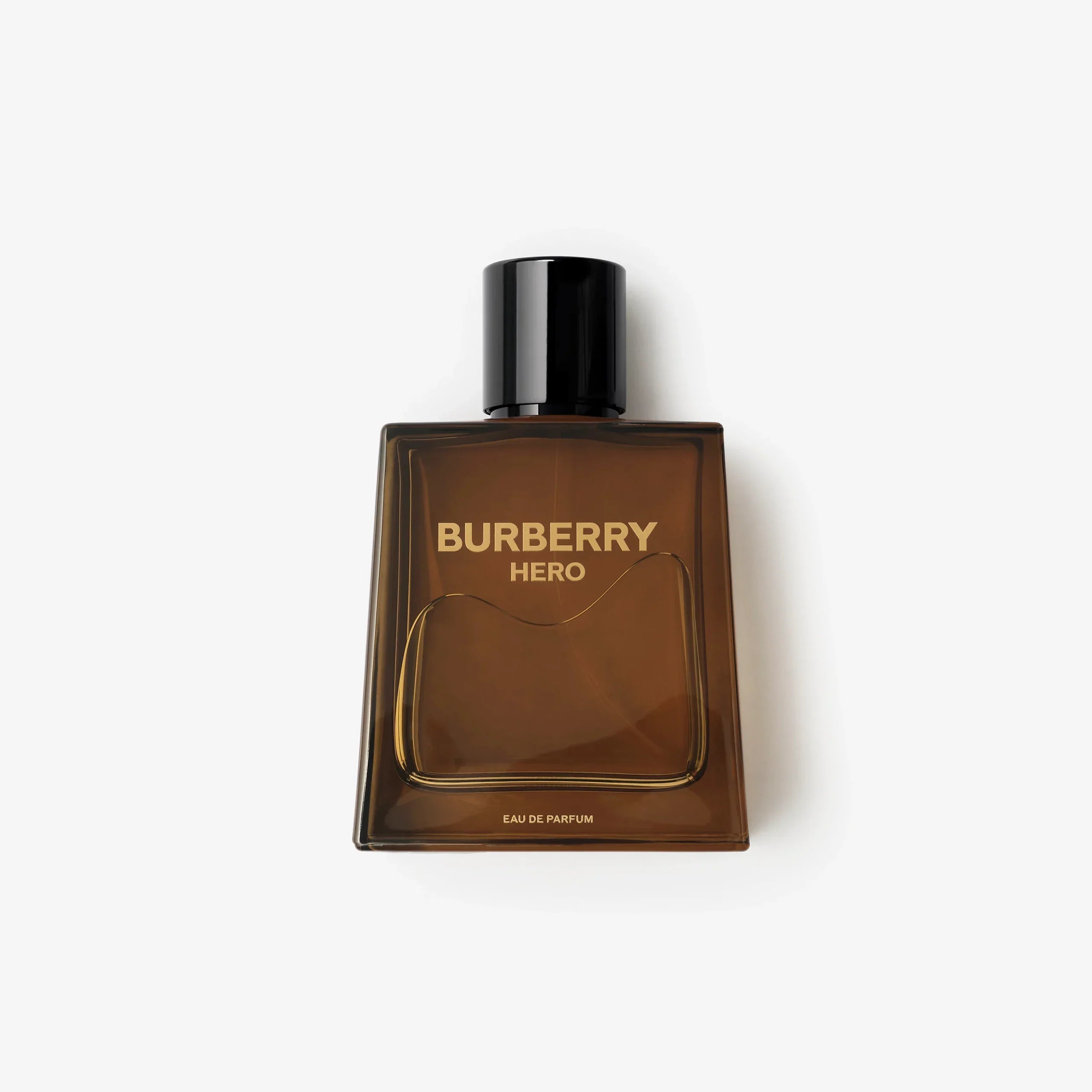 Burberry Hero eau de parfum bottle: amber glass with black cap and square shape